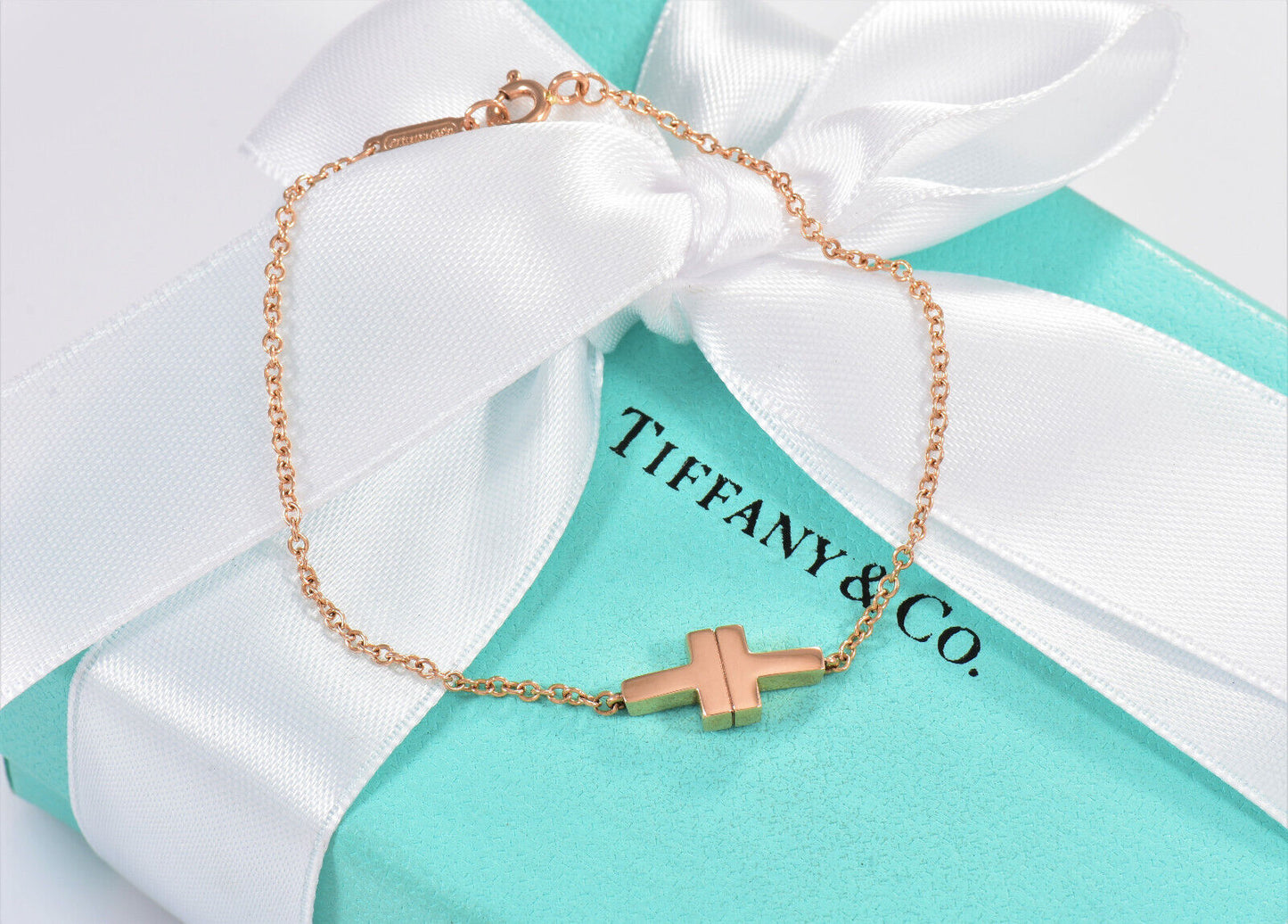 Tiffany & Co 18K Rose Gold T Square Single Chain 6.5" Bracelet in Box Rare Love