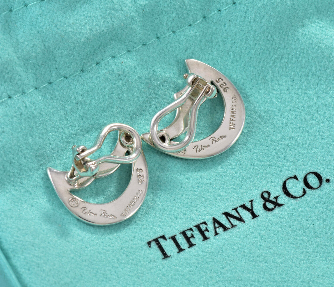 Tiffany & Co Silver Paloma Picasso Crescent Moon Clip On Earrings in Pouch Lunar