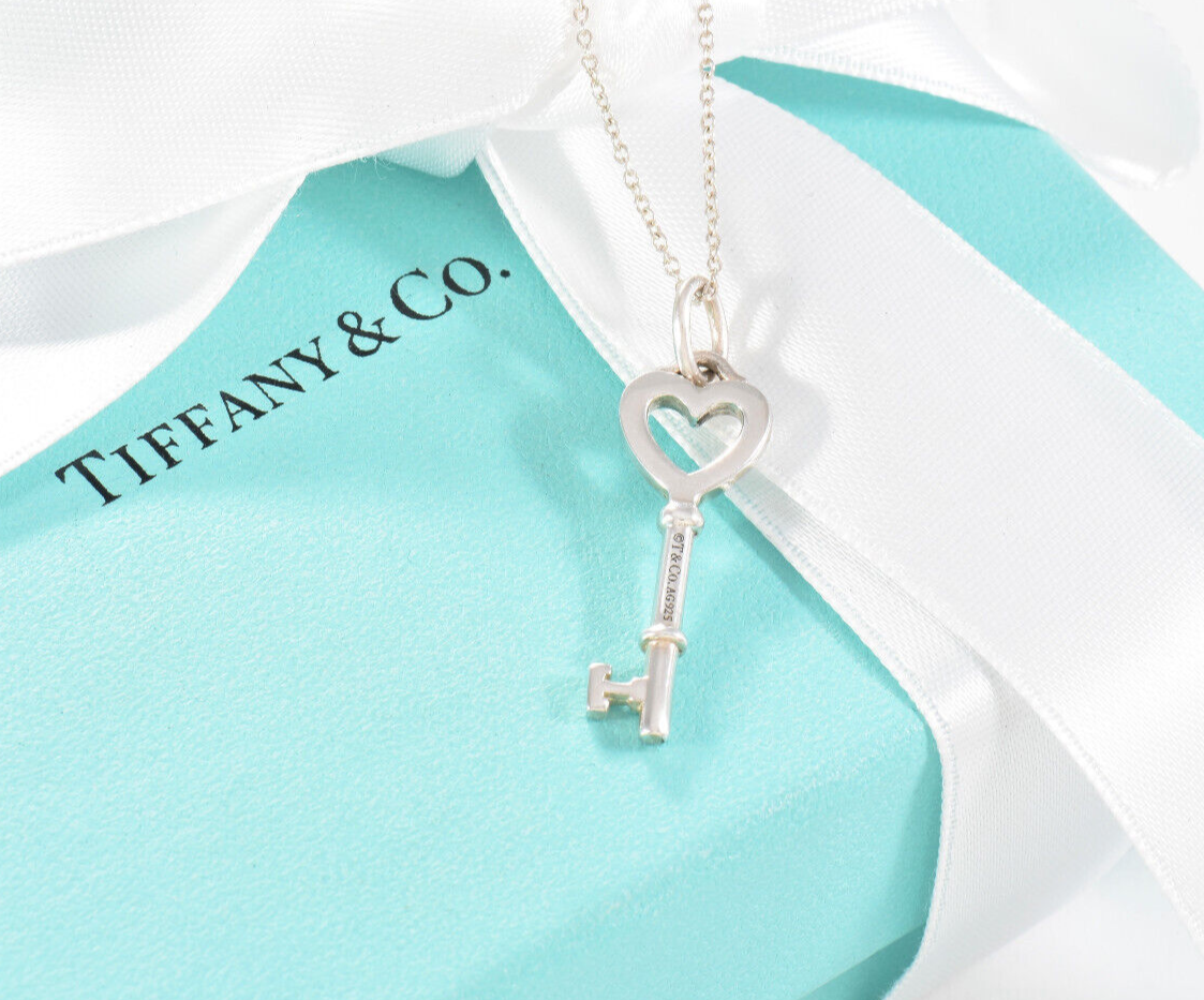 Tiffany & Co Silver Small 1.25" Heart Key Pendant 16.25" Chain Necklace in Pouch