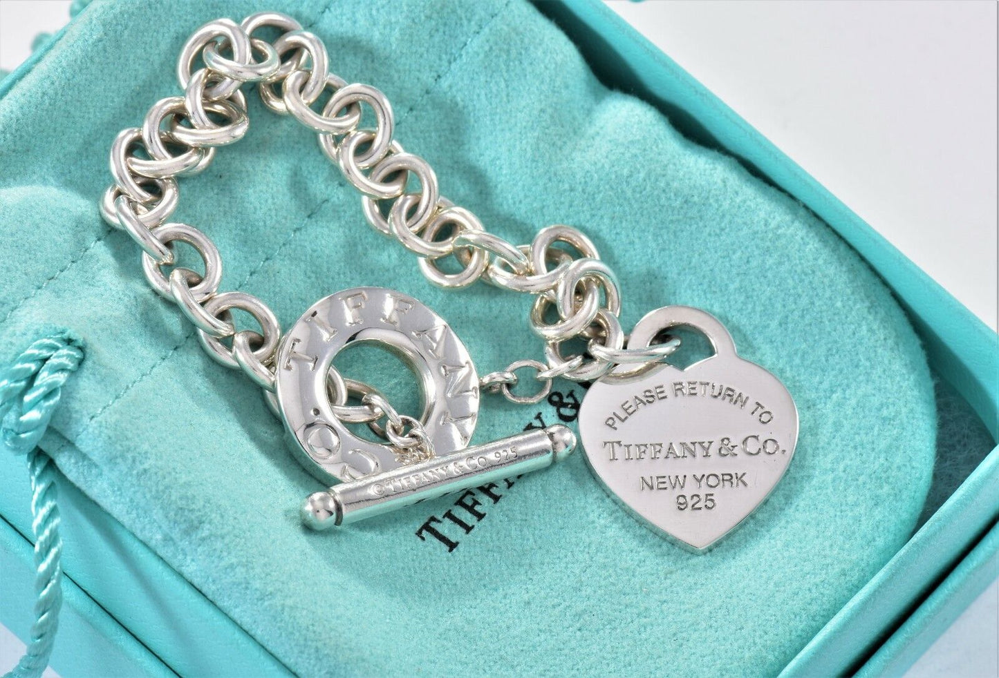 Please Return To Tiffany & Co Silver Blue Enamel Heart Toggle Chain Bracelet