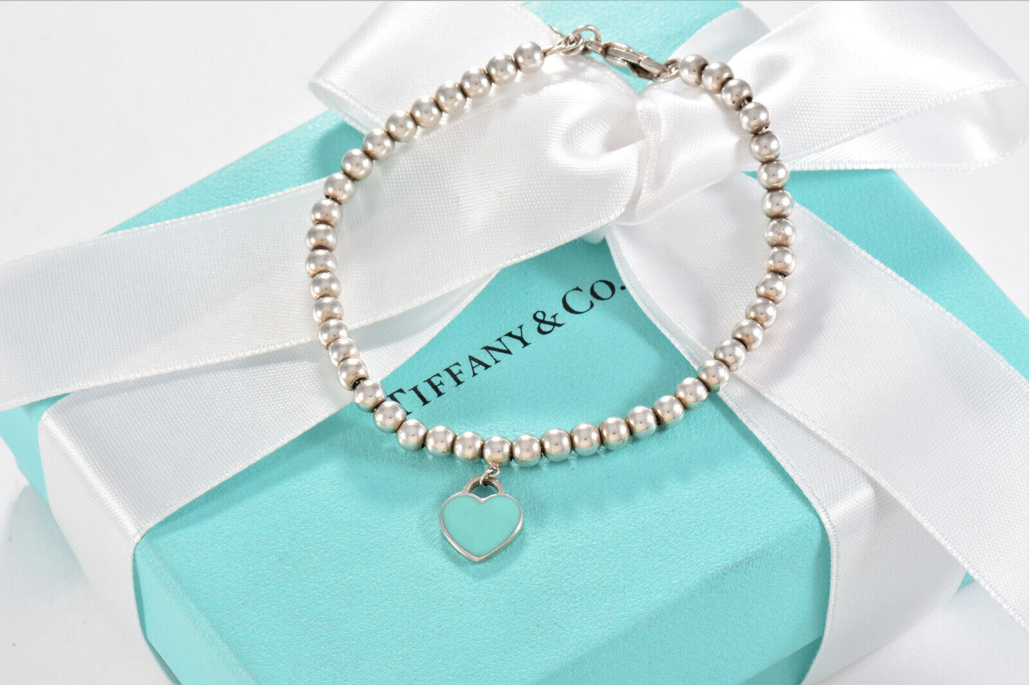 Please Return To Tiffany & Co Silver Blue Enamel Heart Charm Bead 7" Bracelet