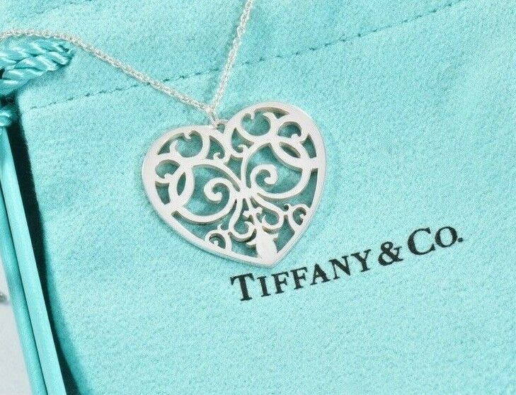 Tiffany & Co Silver Large Enchant Scroll Heart Pendant XL 20" Necklace Boxed