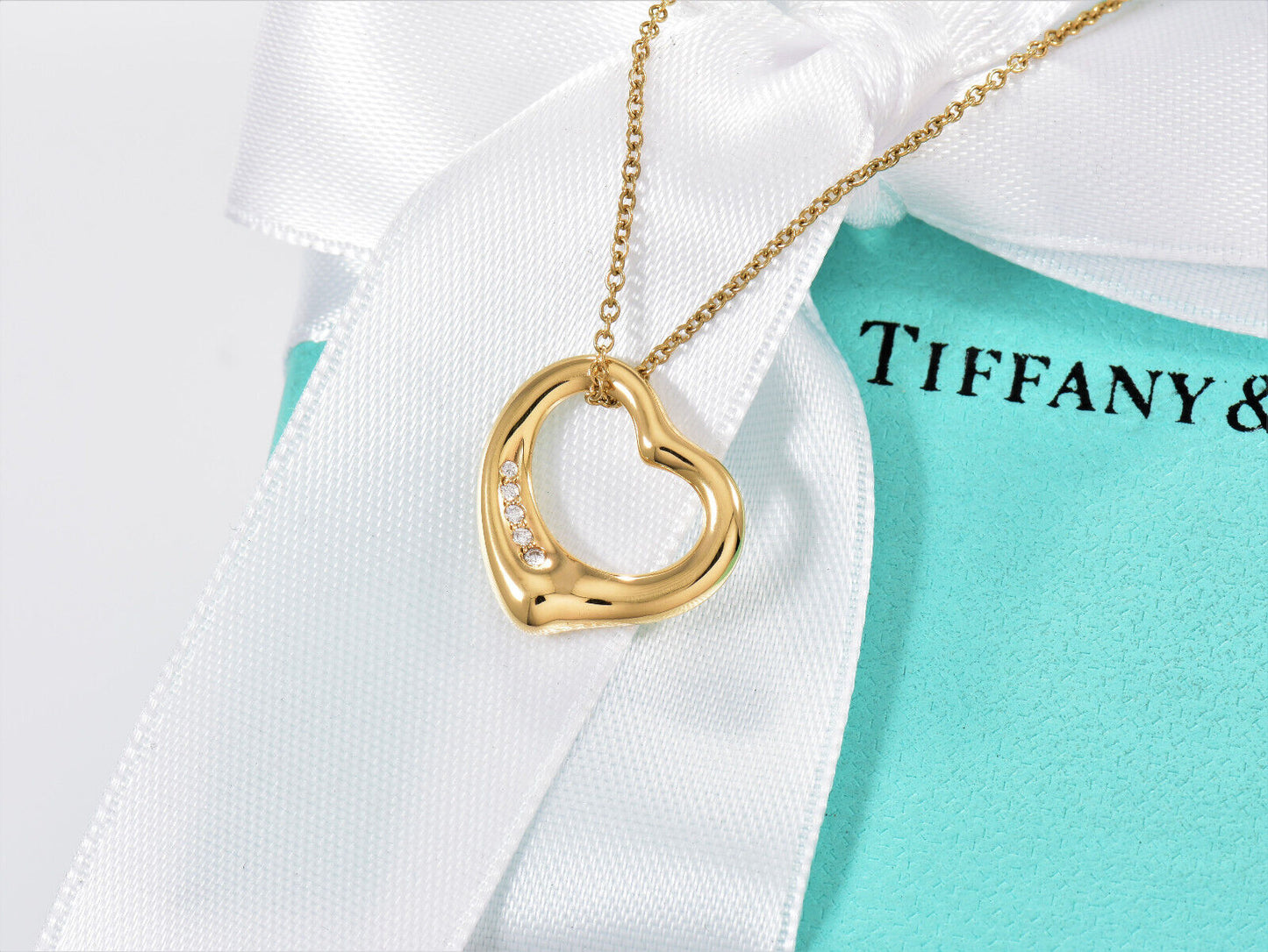 Tiffany & Co Diamond 18K Gold Elsa Peretti Open Heart Pendant 19.25" Necklace