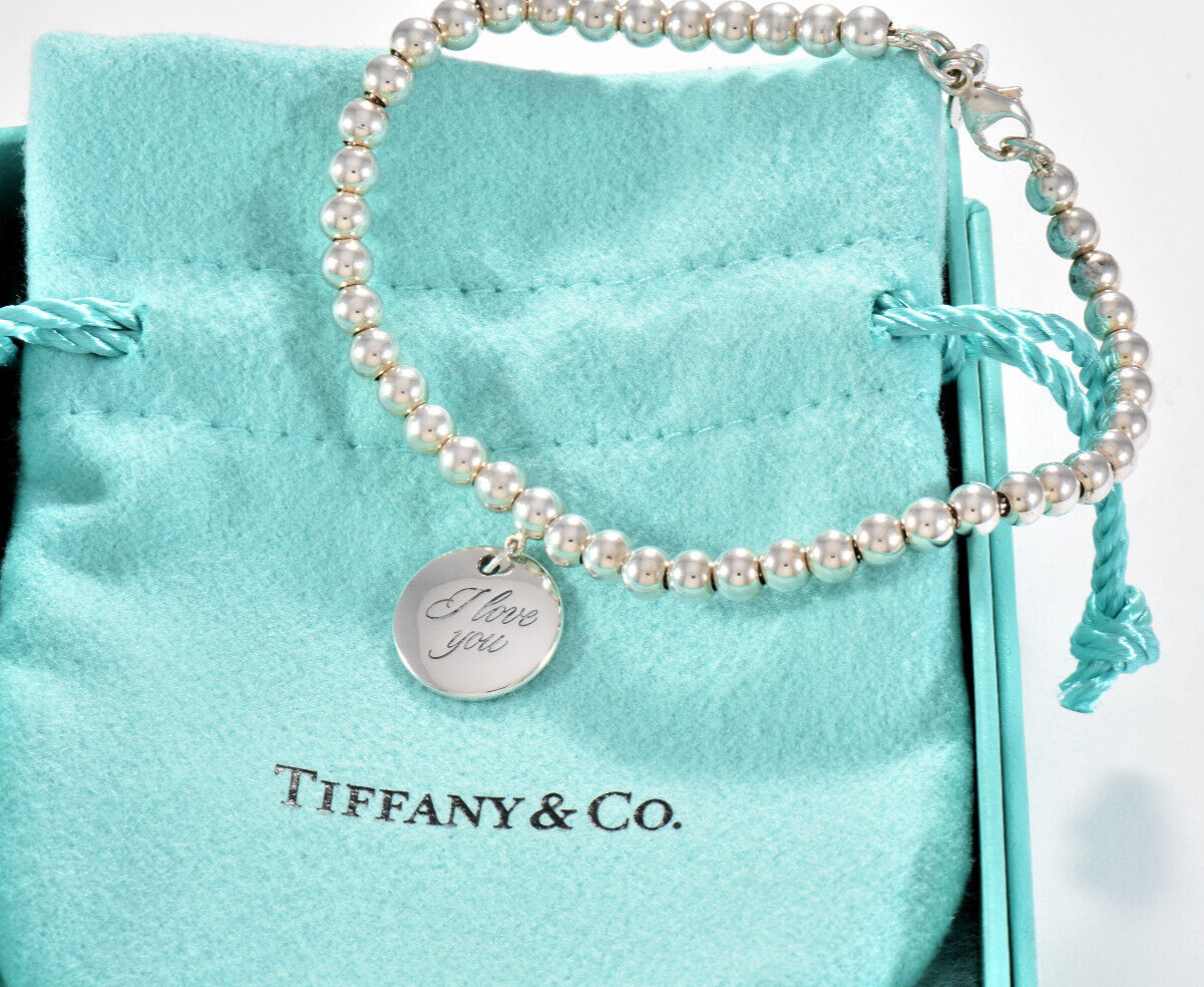 7" Tiffany & Co Silver I Love You Round Tag Bead Chain Bracelet in Pouch Rare