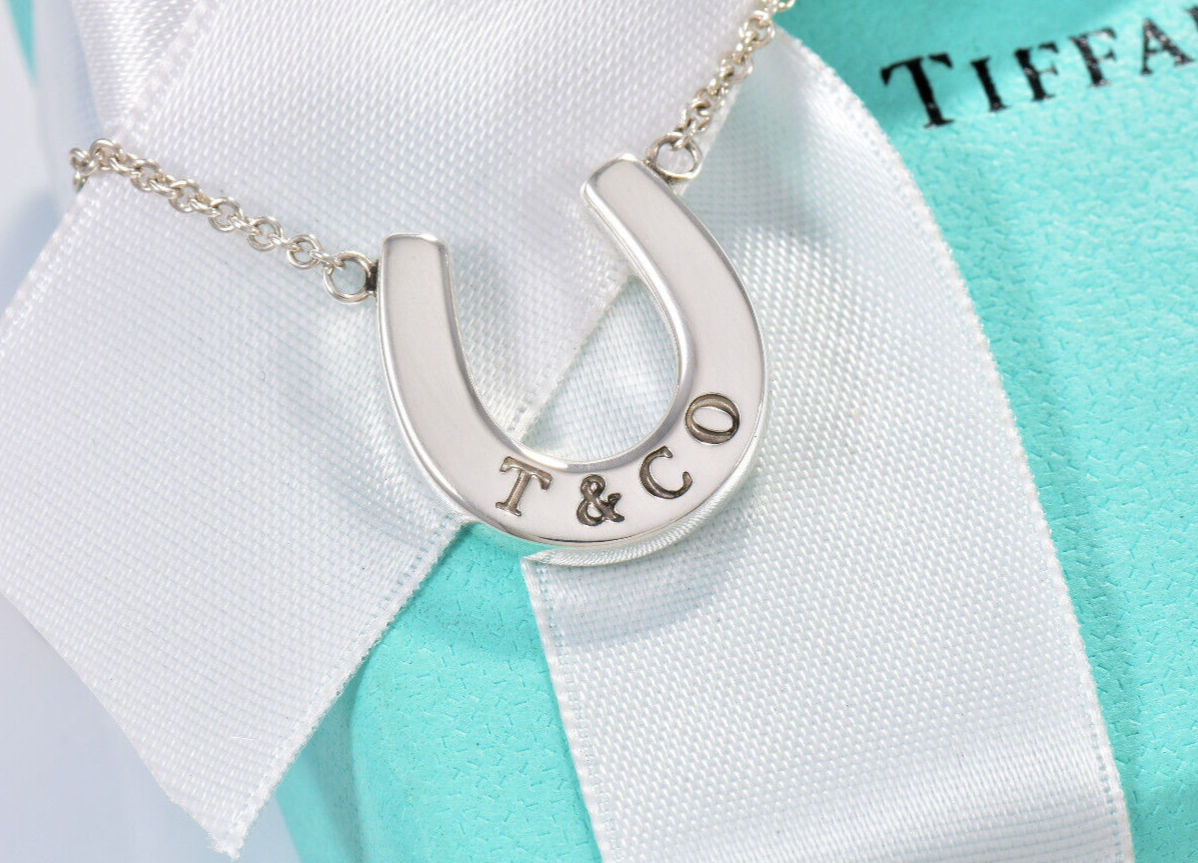 Tiffany & Co Sterling Silver Thick Horseshoe Pendant 16" Necklace in Box Pouch