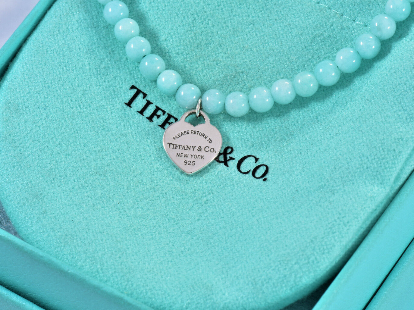 Please Return To Tiffany & Co Silver Heart Charm Amazonite Bead Bracelet 7.25"