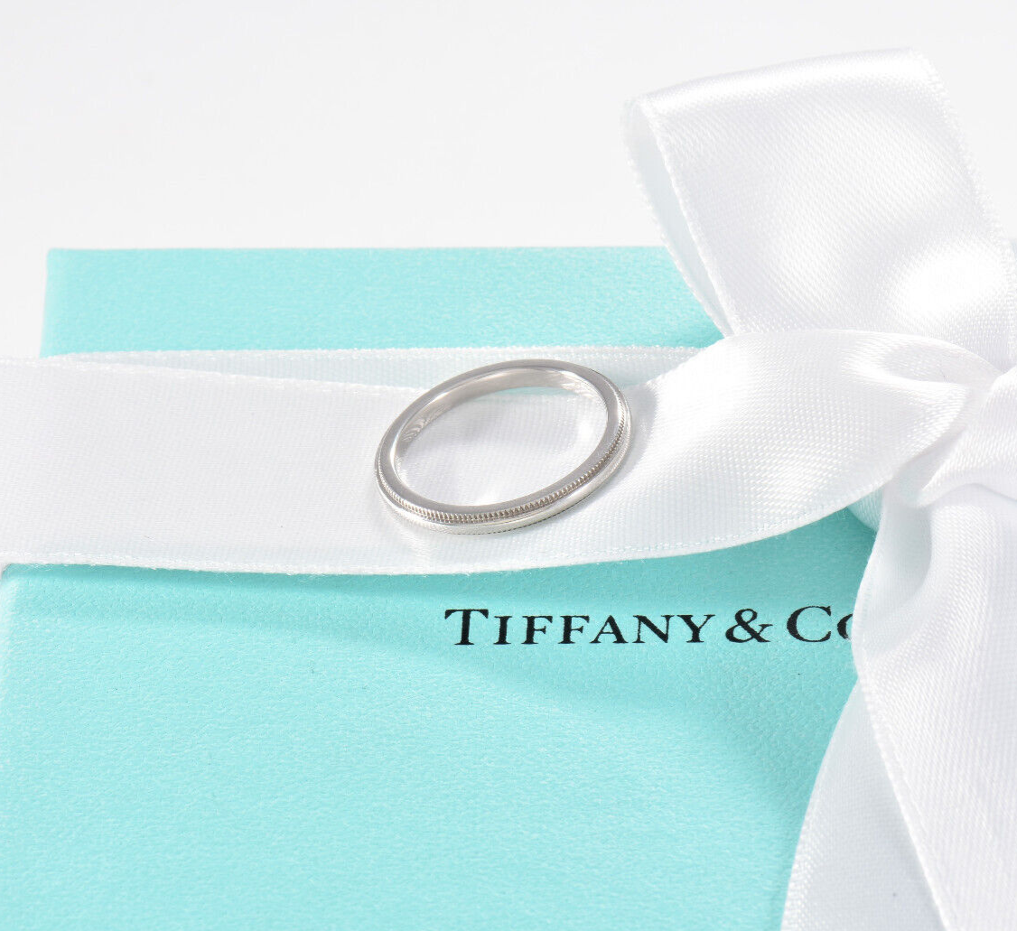 Tiffany & Co Together Platinum 2mm Milgrain Band Ring Size 4.5 in Box Pouch Love