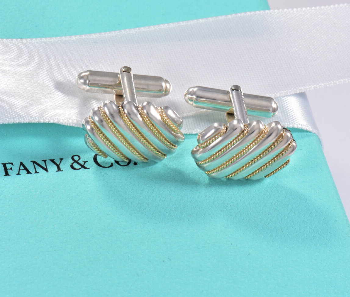 Tiffany & Co 18k Gold Silver Rope Rectangle Cufflinks in Pouch Mens Suit Square