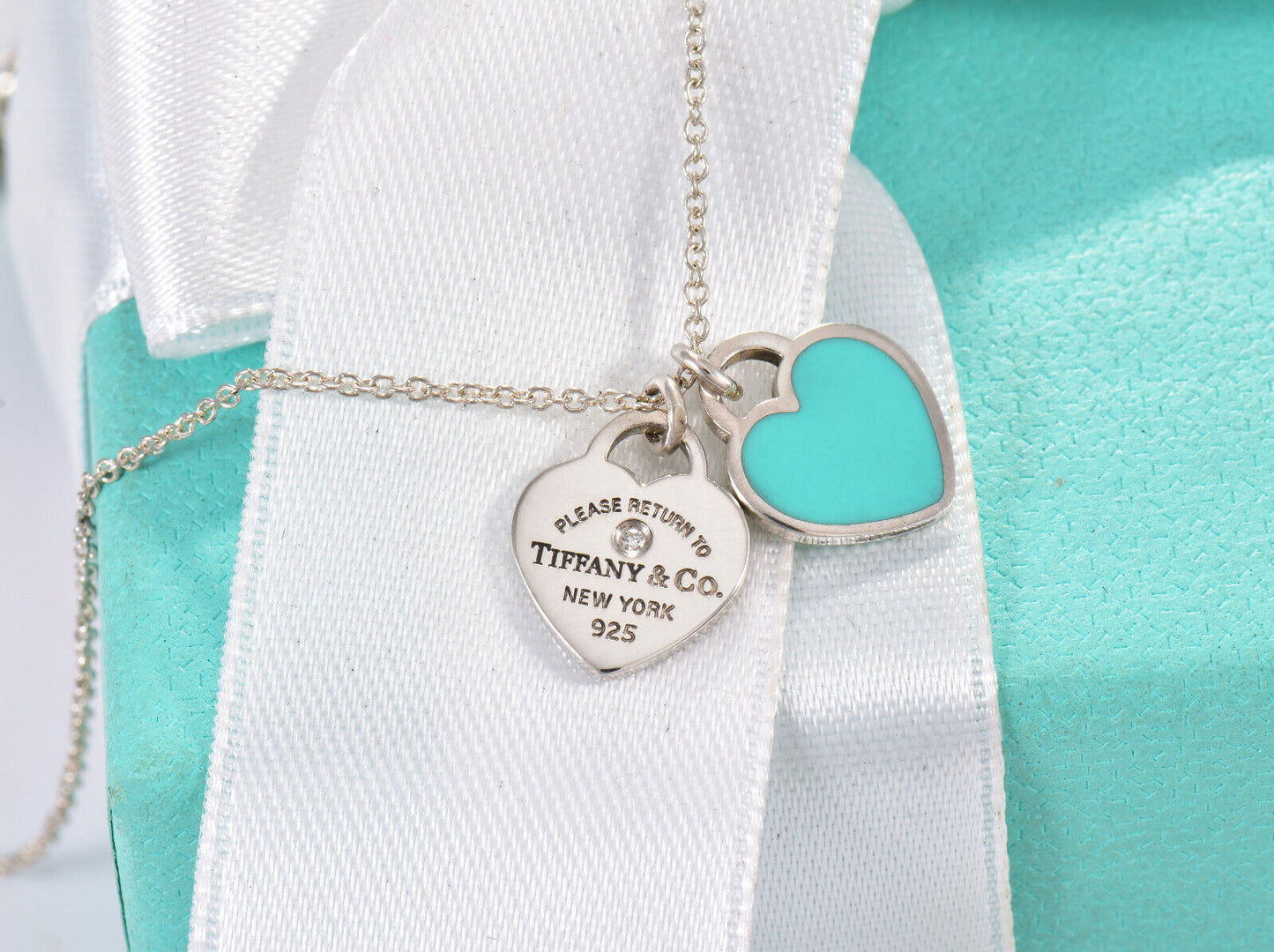 Return Tiffany & Co Diamond Silver Mini Double Heart Blue Enamel Necklace in Box