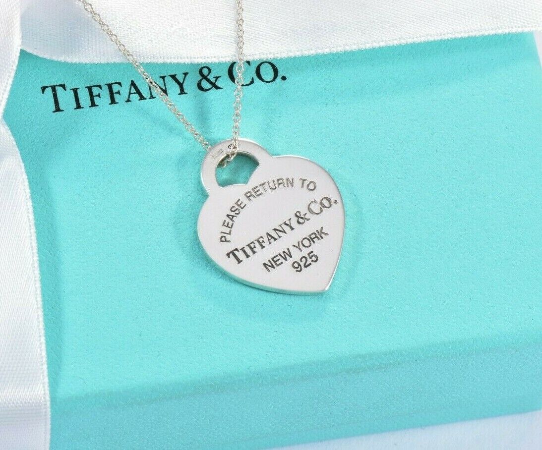 Please Return To Tiffany Silver Blue Enamel Heart Pendant Necklace in Pouch Love