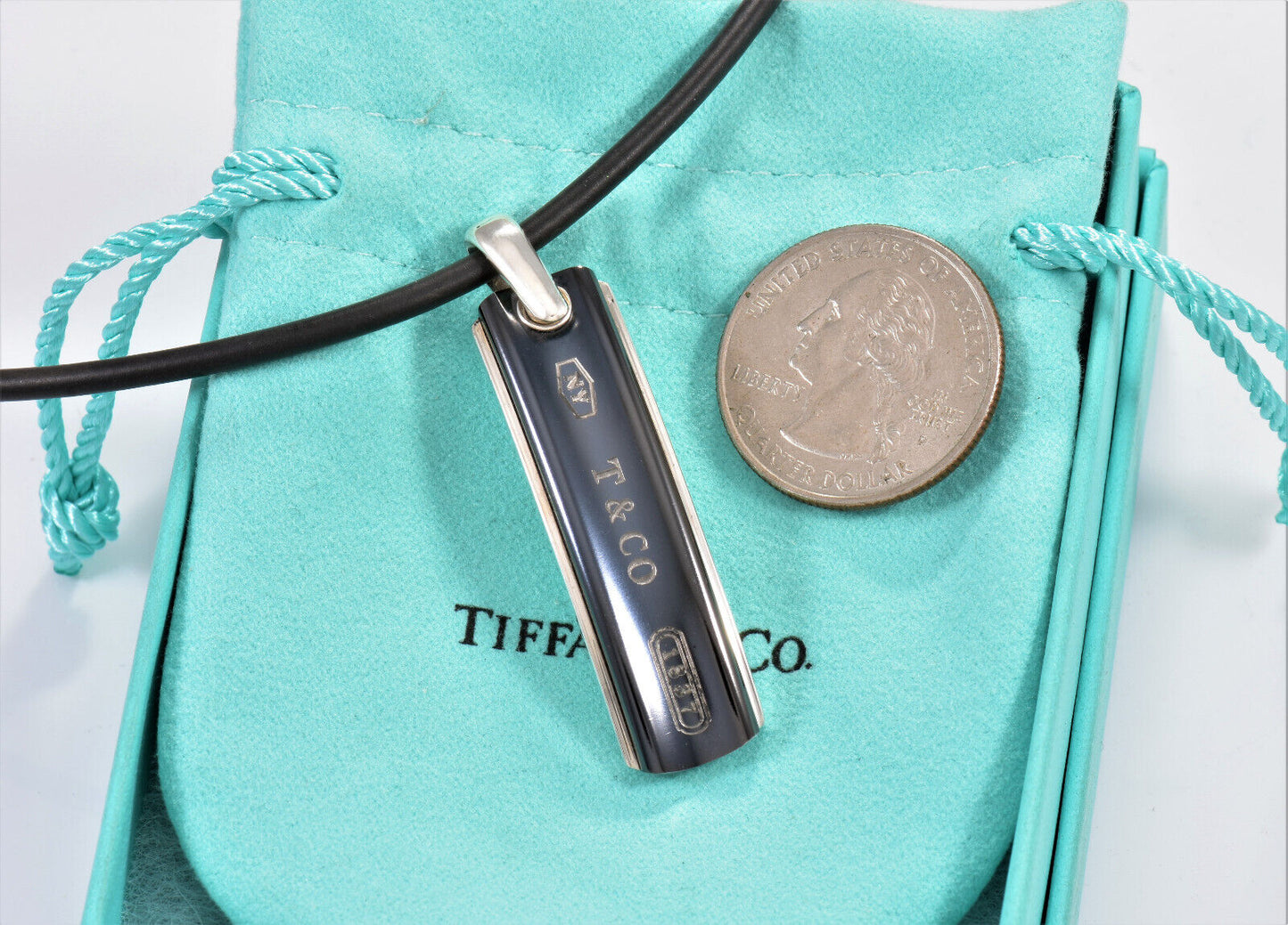 Tiffany & Co Silver Titanium 1837 Bar Rubber Surfer DogTag Necklace & Pouch Rare