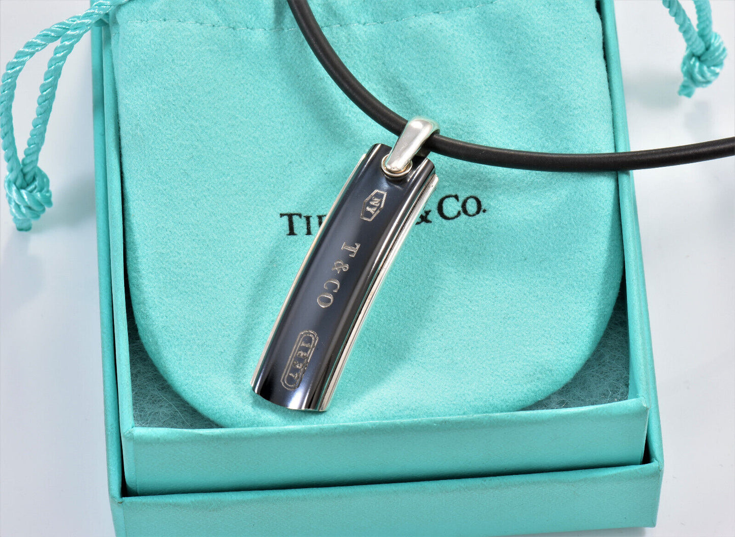 Tiffany & Co Silver Titanium 1837 Bar Rubber Surfer DogTag Necklace & Pouch Rare