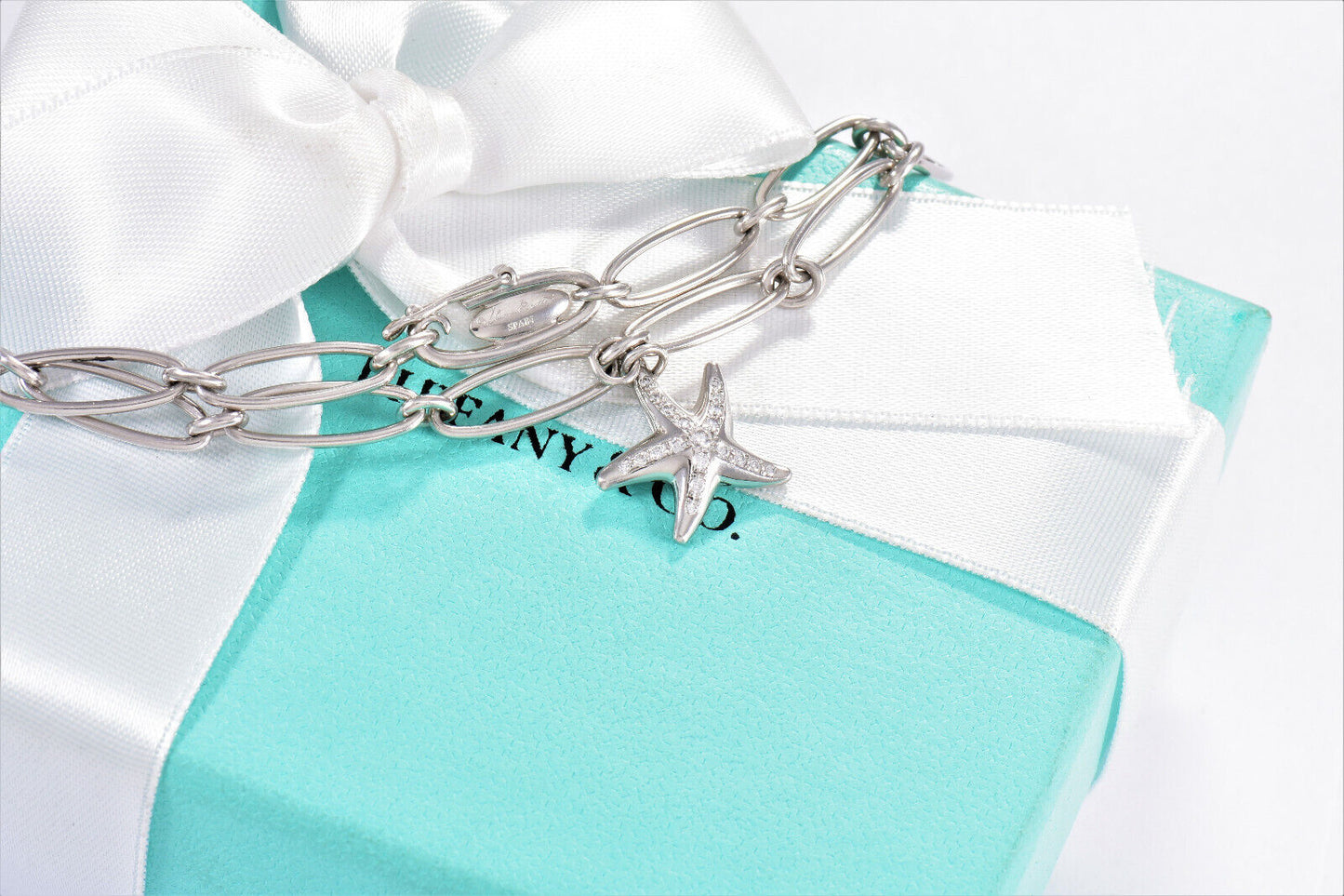 Tiffany & Co Elsa Peretti Diamond Platinum Starfish Charm 7.3" Bracelet in Box