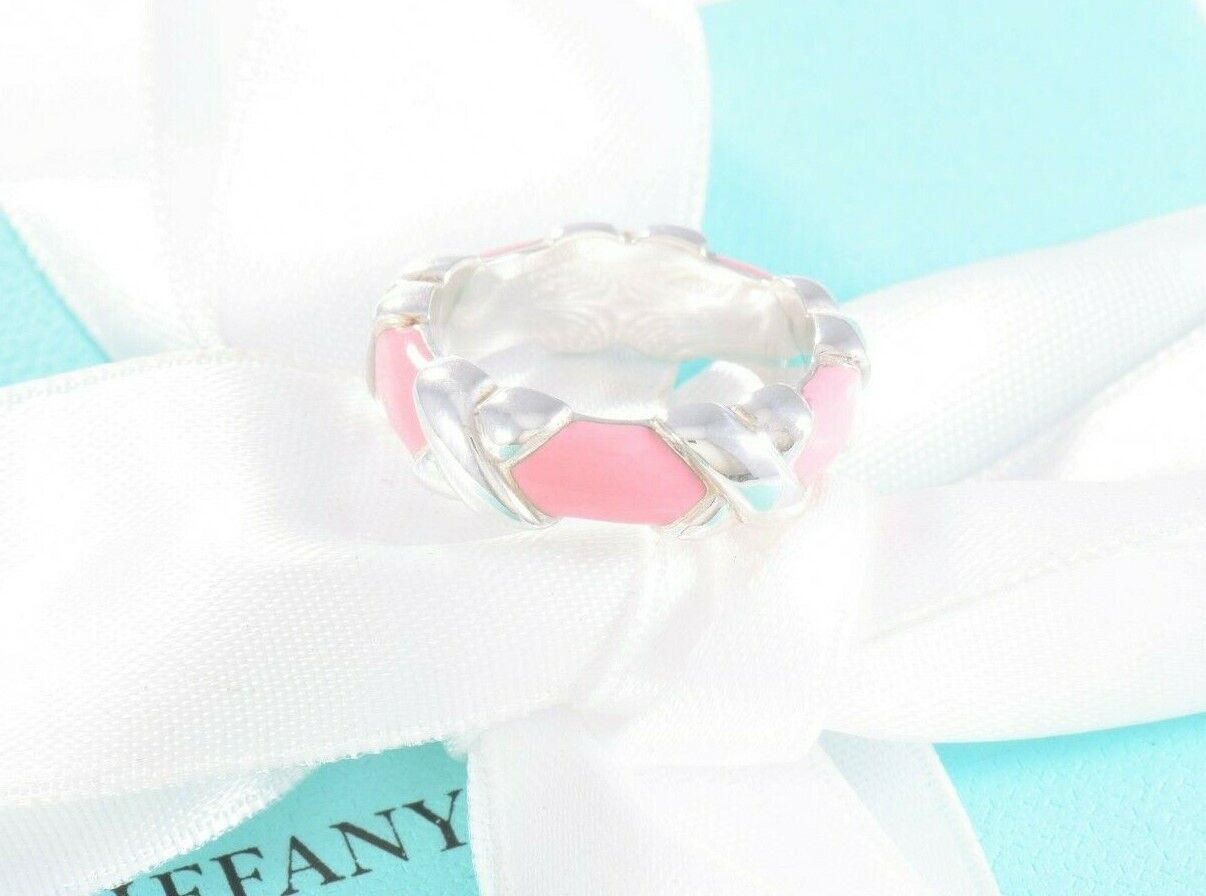 Tiffany & Co Silver Pink Enamel Signature X Stack Band Ring Size 9 in Pouch Rare