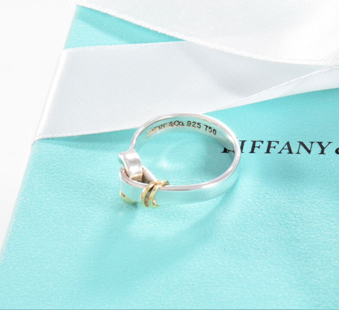 Vintage Tiffany & Co 18K Yellow Gold Silver Hook Eye Ball Ring Size 6.5 in Pouch