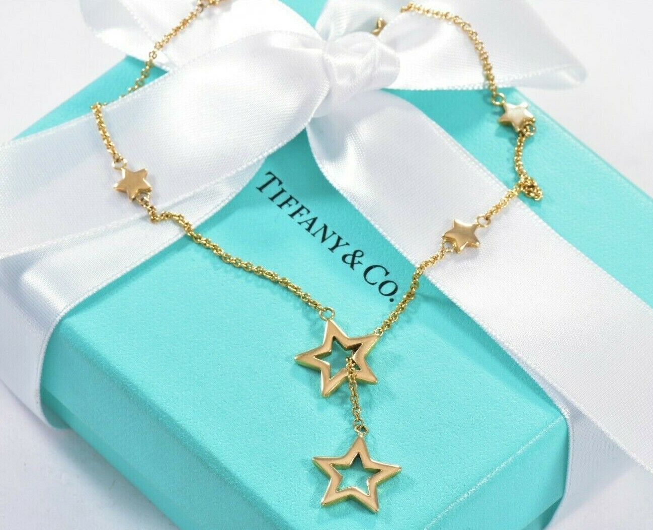 Ultra Rare Tiffany & Co 18K Yellow Gold Star Lariat 16 - 20" Adjustable Necklace