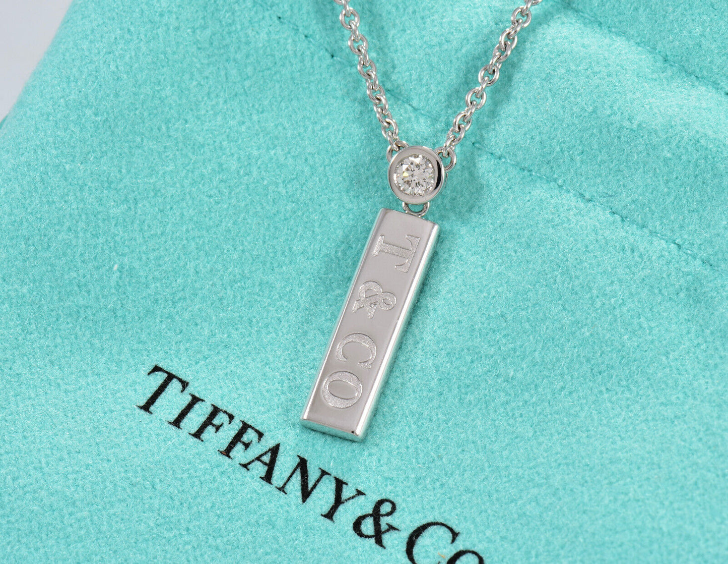 Tiffany & Co Diamond 18K White Gold Logo Bar Pendant 16.25" Necklace & Box Pouch