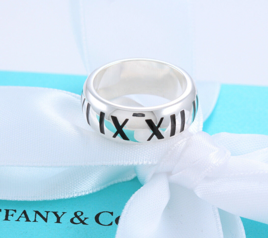 Tiffany & Co Silver Wide Atlas Black Enamel Roman Numerals Ring Size 7 in Pouch