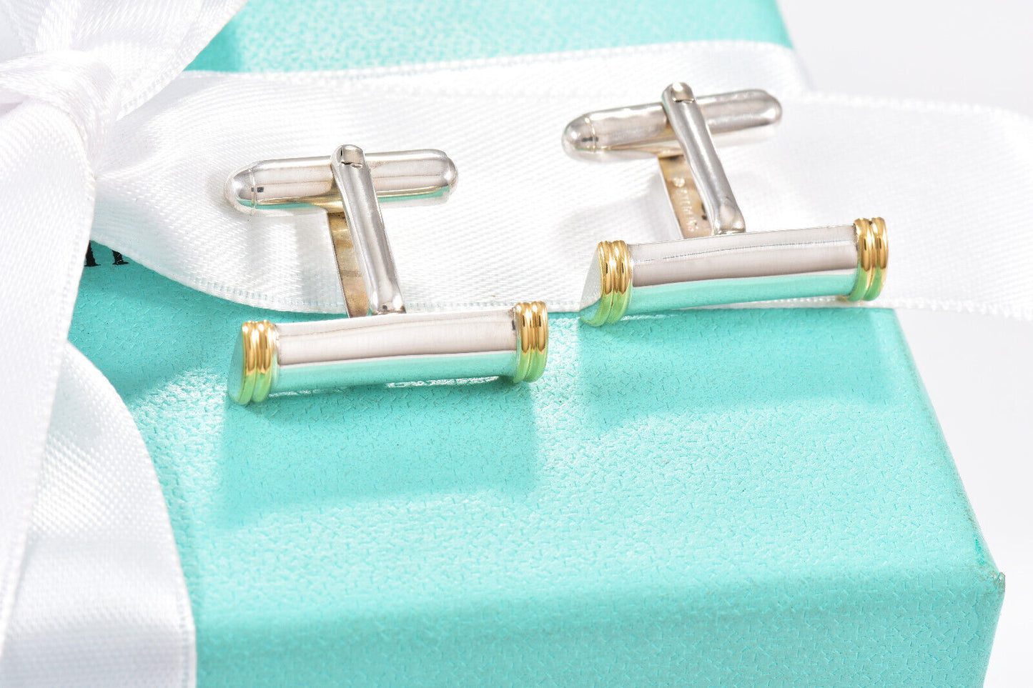 Tiffany & Co 18k Gold Silver Bar Coil Cufflinks in Pouch Mens Suit Pilot Rare