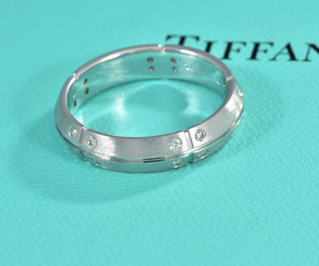 Tiffany & Co 18K White Gold Diamond Streamerica 5.5mm Wide Band Size 9.25 Ring