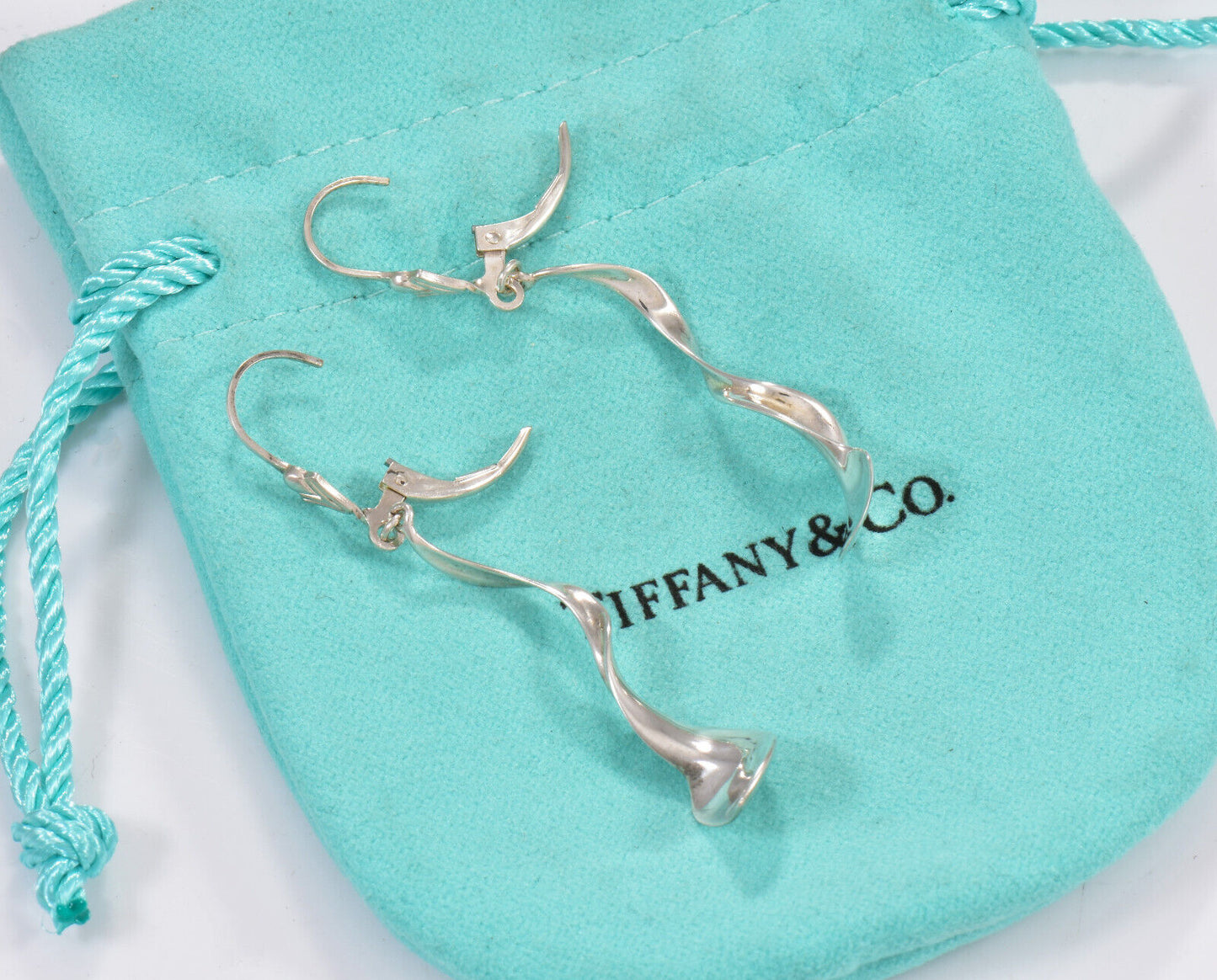 Tiffany & Co Sterling Silver Frank Gehry Orchid Hook Drop Earrings Pouch Dangle