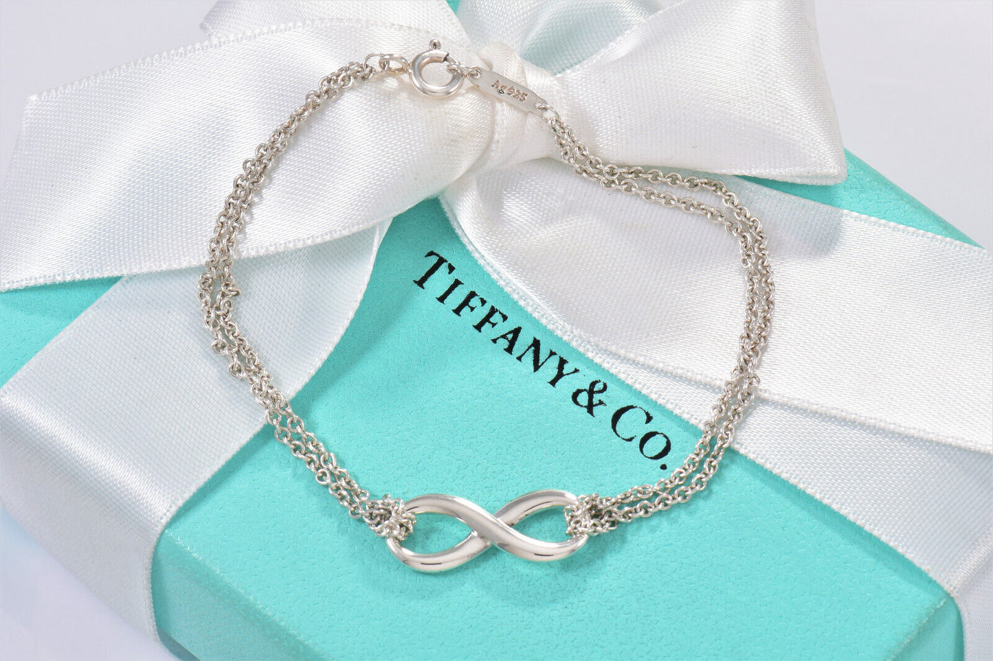 Tiffany & Co Sterling Silver Double Chain Infinity Bracelet 6.8" Boxed Lovely