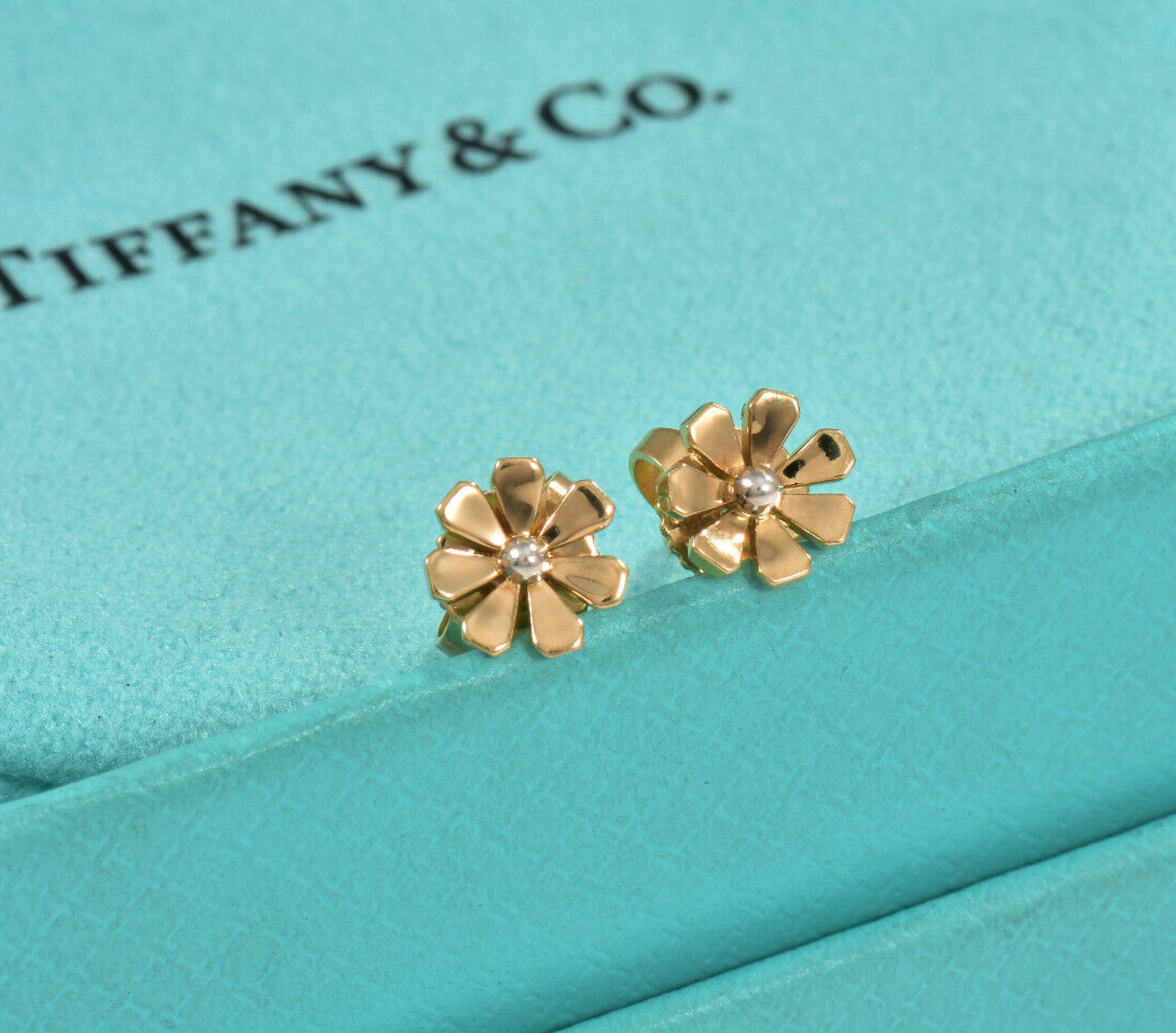 Tiffany & Co 18K Yellow Gold Silver Flower Love Bugs Daisy Earrings in Box Rare