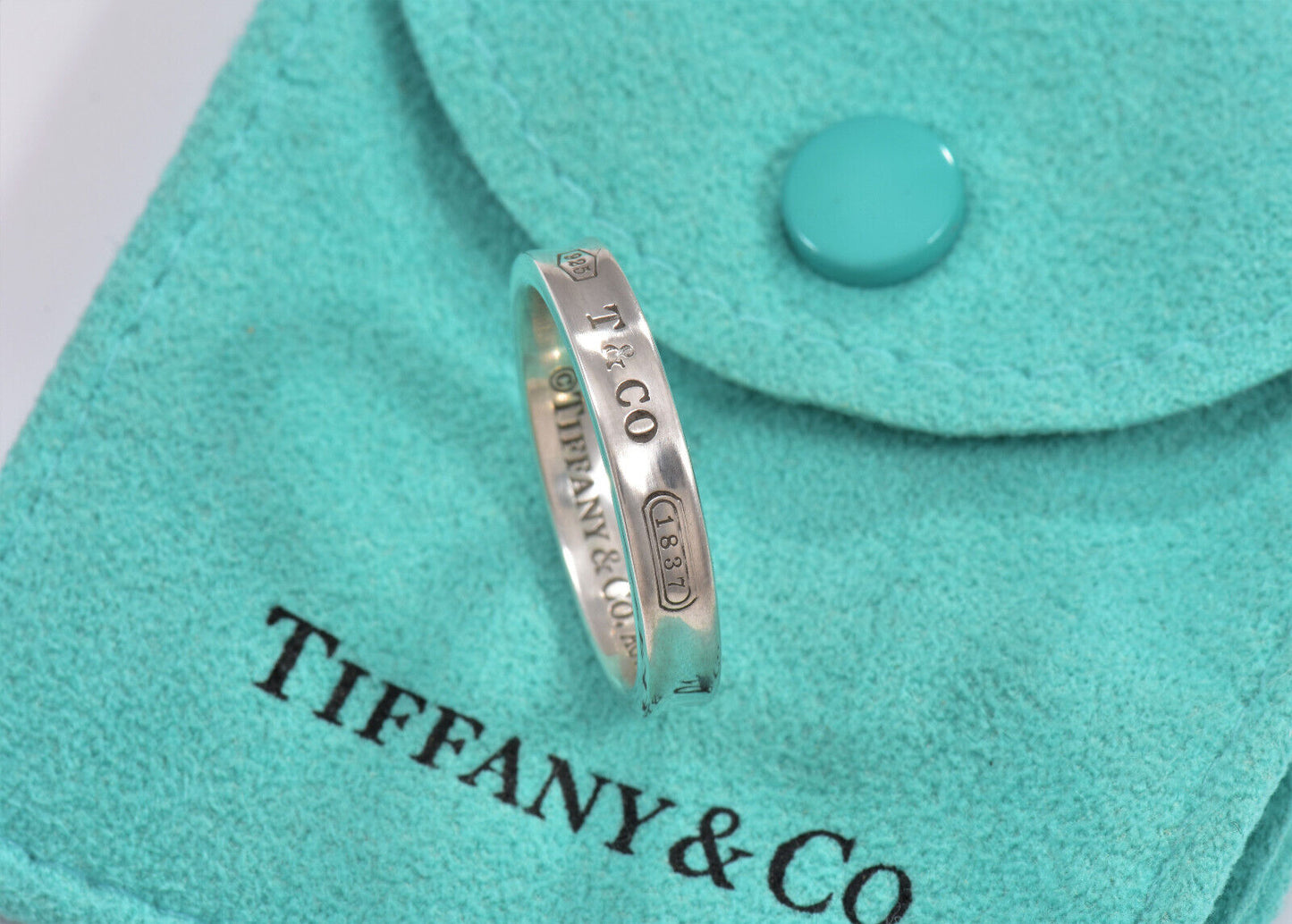 Tiffany & Co Silver 1837 Narrow Band Stack Ring Size 9.5 in Pouch Unisex Mens