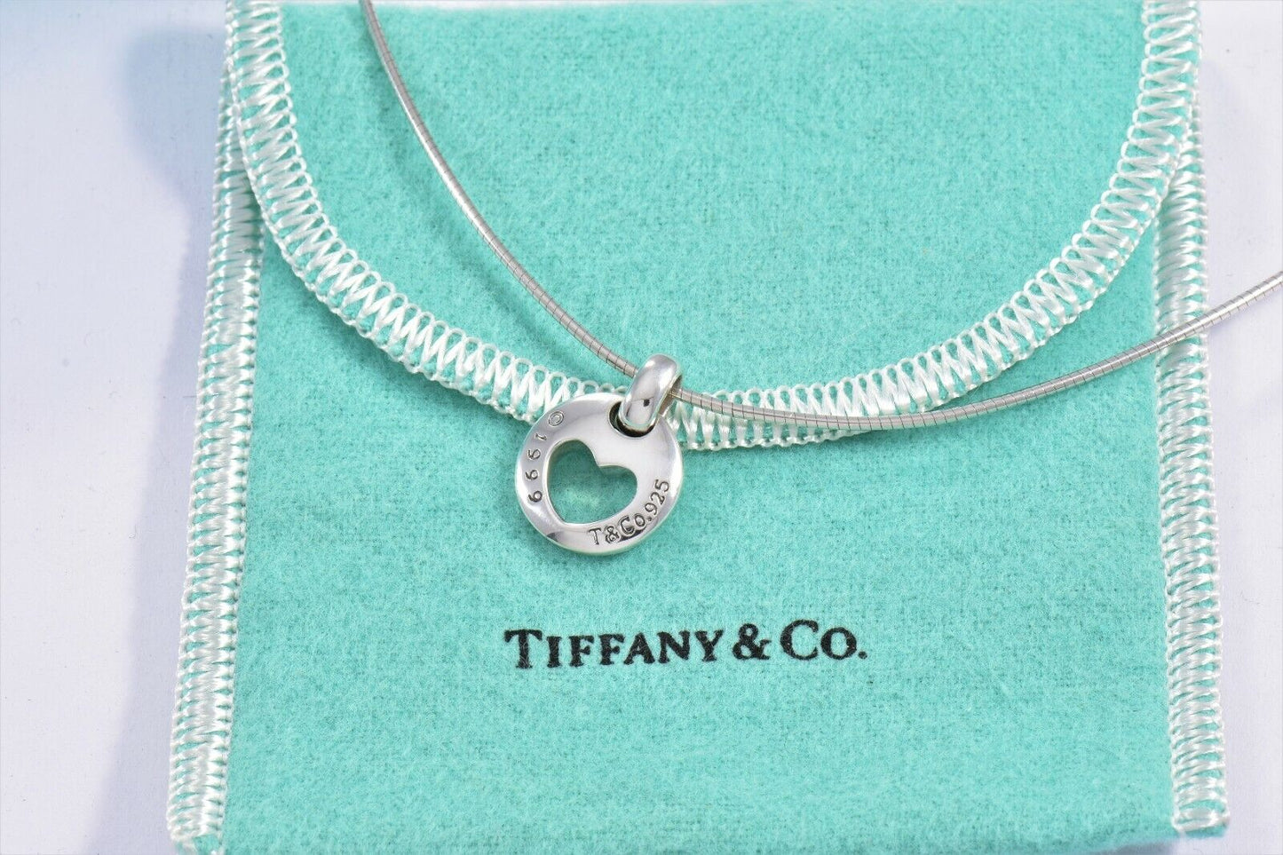 Vintage Tiffany & Co Silver Stencil Cutout Heart Pendant 16" Necklace in Pouch