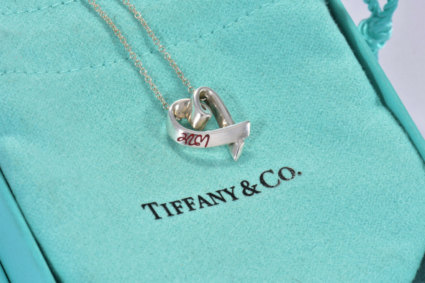 Tiffany & Co Silver Picasso Red Enamel Love Heart Pendant 20" Necklace in Pouch