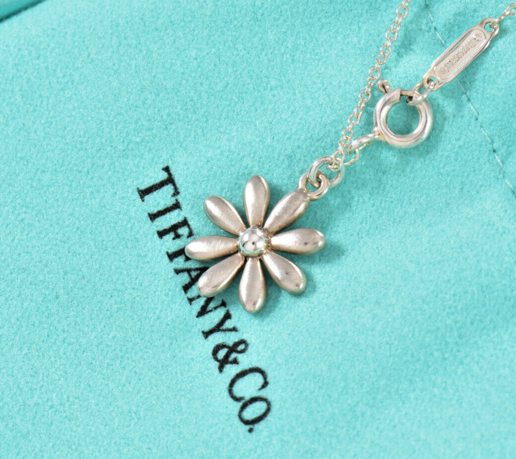 Tiffany & Co Brushed Silver Daisy Flower Pendant Necklace in Pouch Rare Matte