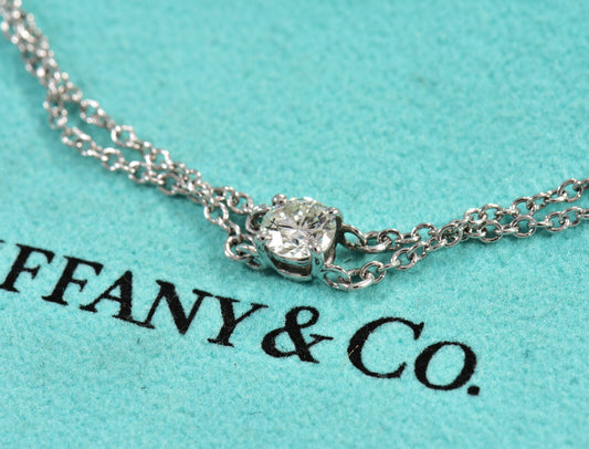 Tiffany & Co .17 ct Diamond Solitaire Platinum Double Chain Bracelet & Box Pouch