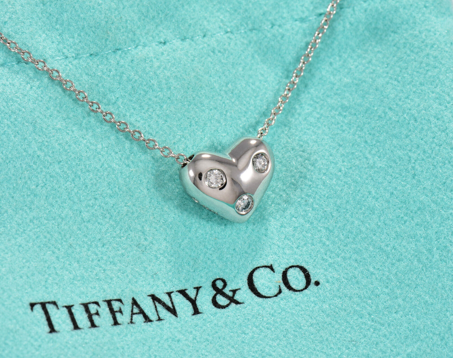 Tiffany & Co Diamond Platinum Etoile Heart Pendant 19" Necklace & Box Pouch Rare