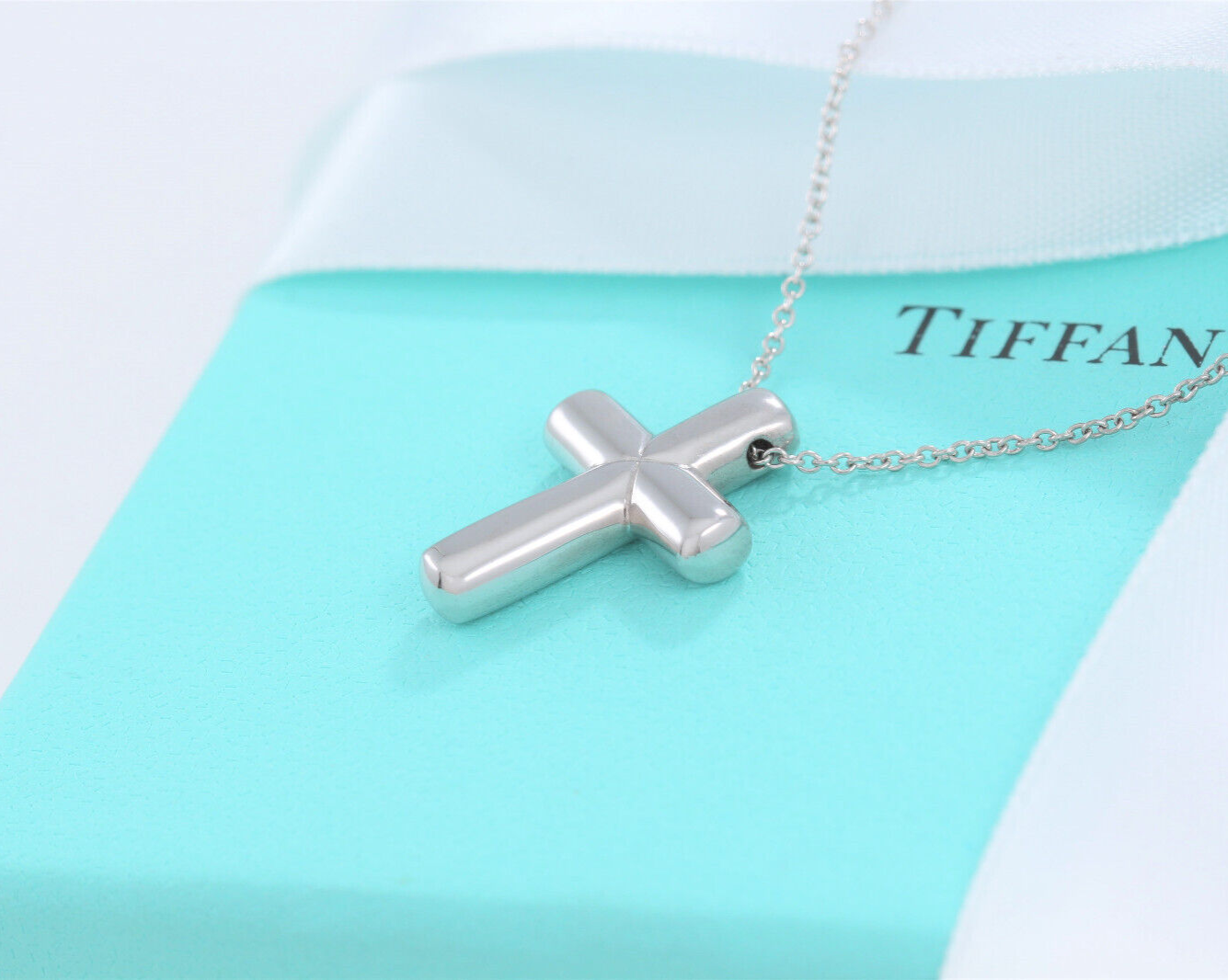 Tiffany & Co Diamond Platinum Etoile Cross Pendant 16.75" Necklace in Box Pouch