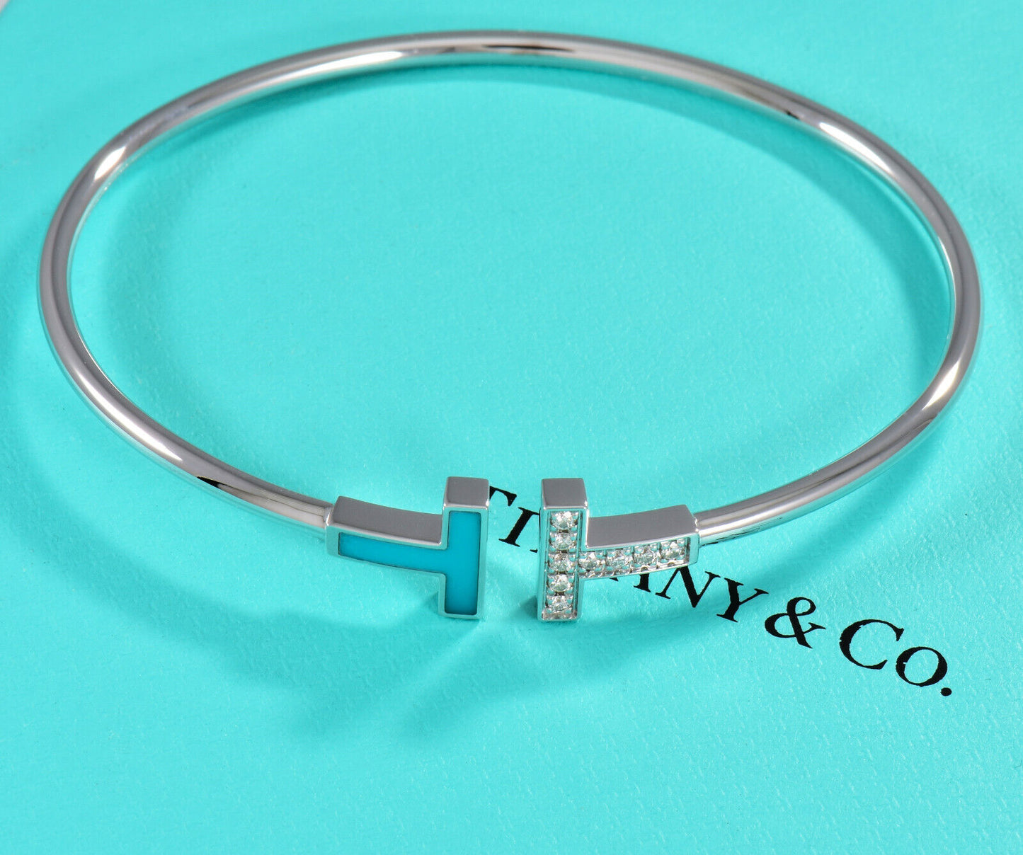 Tiffany & Co Diamond 18K White Gold Blue Turquoise T Wire Large Bracelet in Box