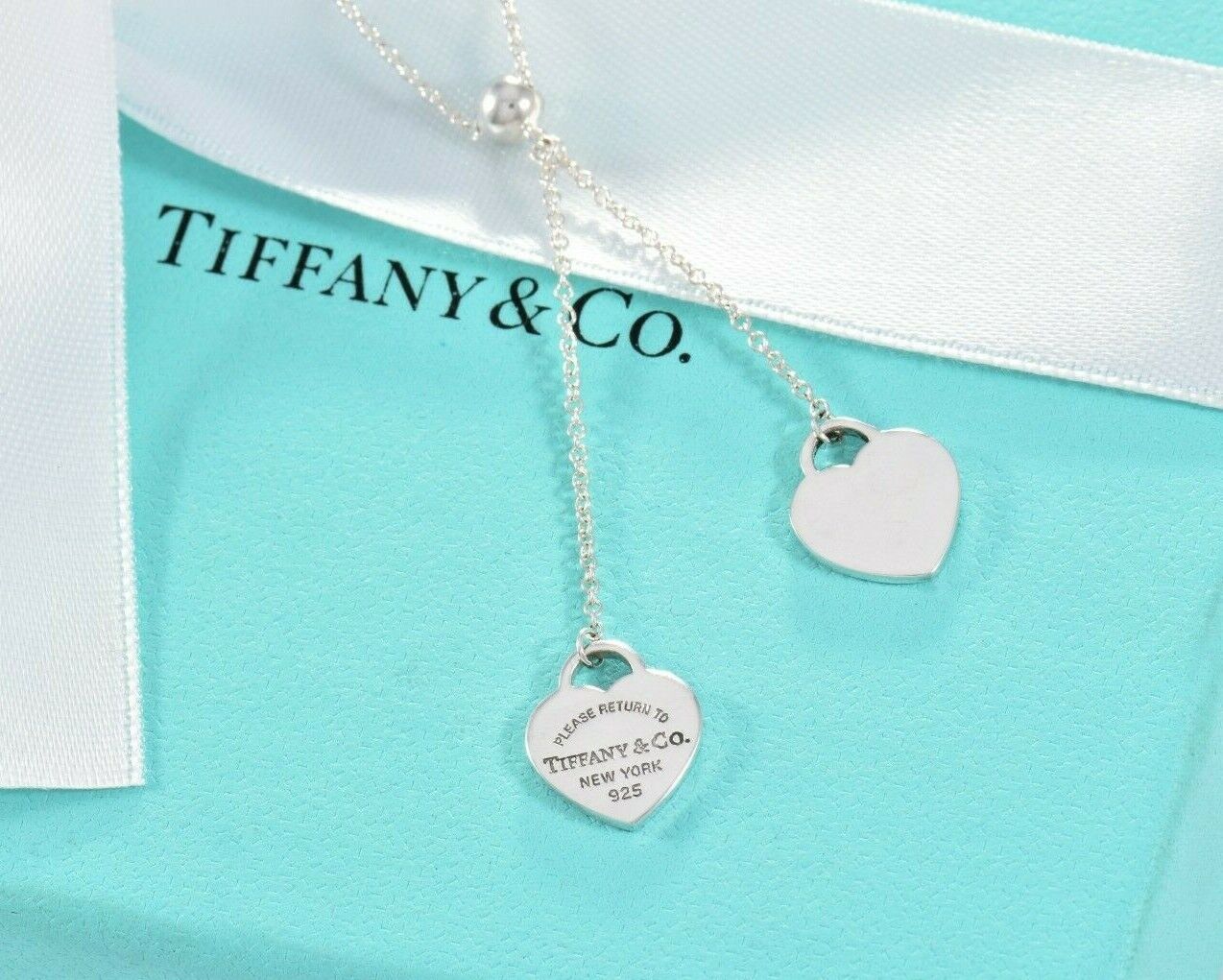 Please Return To Tiffany & Co Silver Double Heart Bead Dangle Pendant Necklace