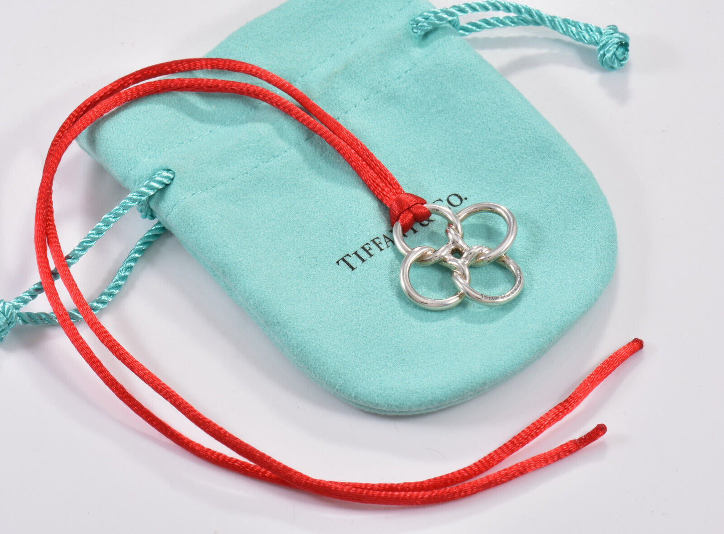 Tiffany & Co Silver Elsa Peretti 1" Quadrifoglio Clover Red Black Silk Necklace