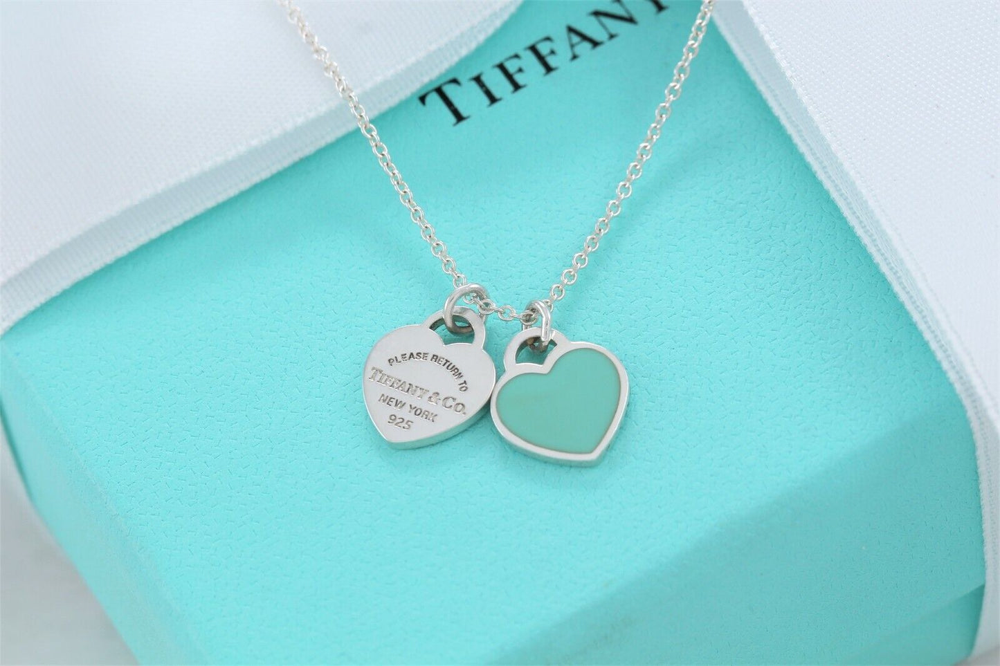 Please Return To Tiffany & Co Silver Mini Double Heart Blue Enamel 16" Necklace