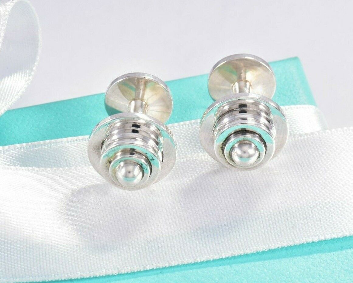 Tiffany & Co Silver Picasso Stack Tiered Barbell Cufflinks in Pouch Men's Suit