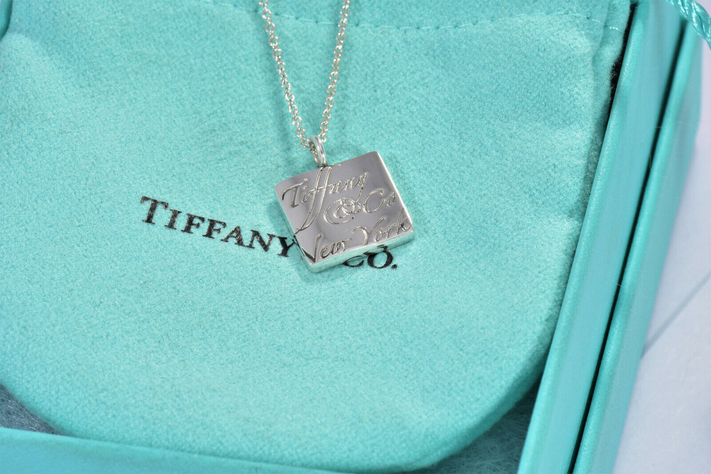 Tiffany & Co Sterling Silver NY Notes Square Wavy Pendant Necklace in Pouch Rare