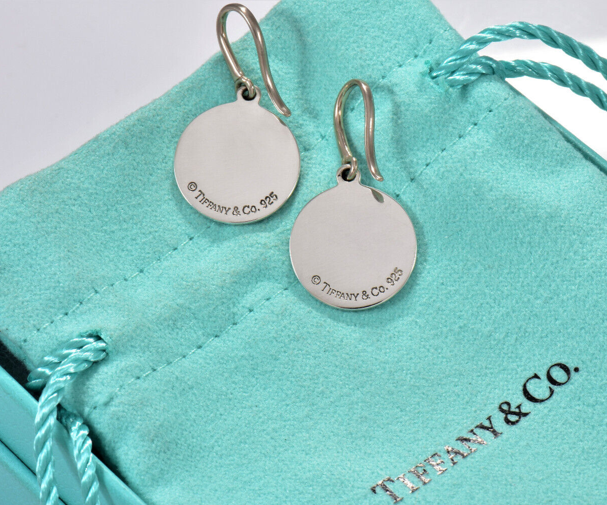 Please Return To Tiffany & Co Silver Round Disk Circle Hook Earrings & Box Pouch