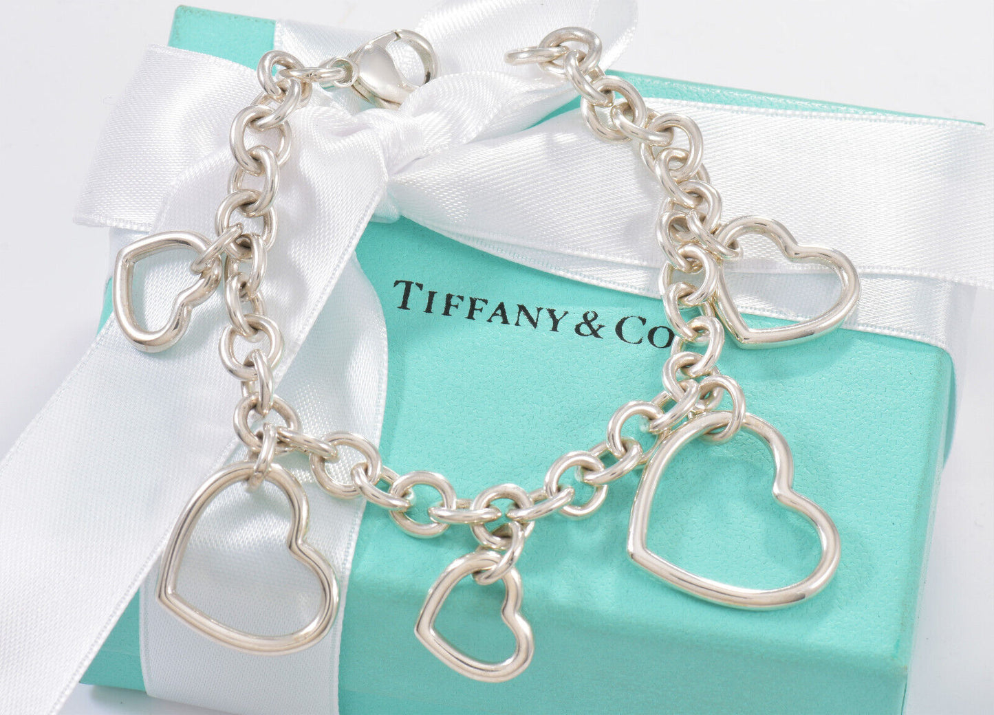 Tiffany & Co Silver Five Open Heart Multi Charm 7.5" Chain Bracelet Dangle 5