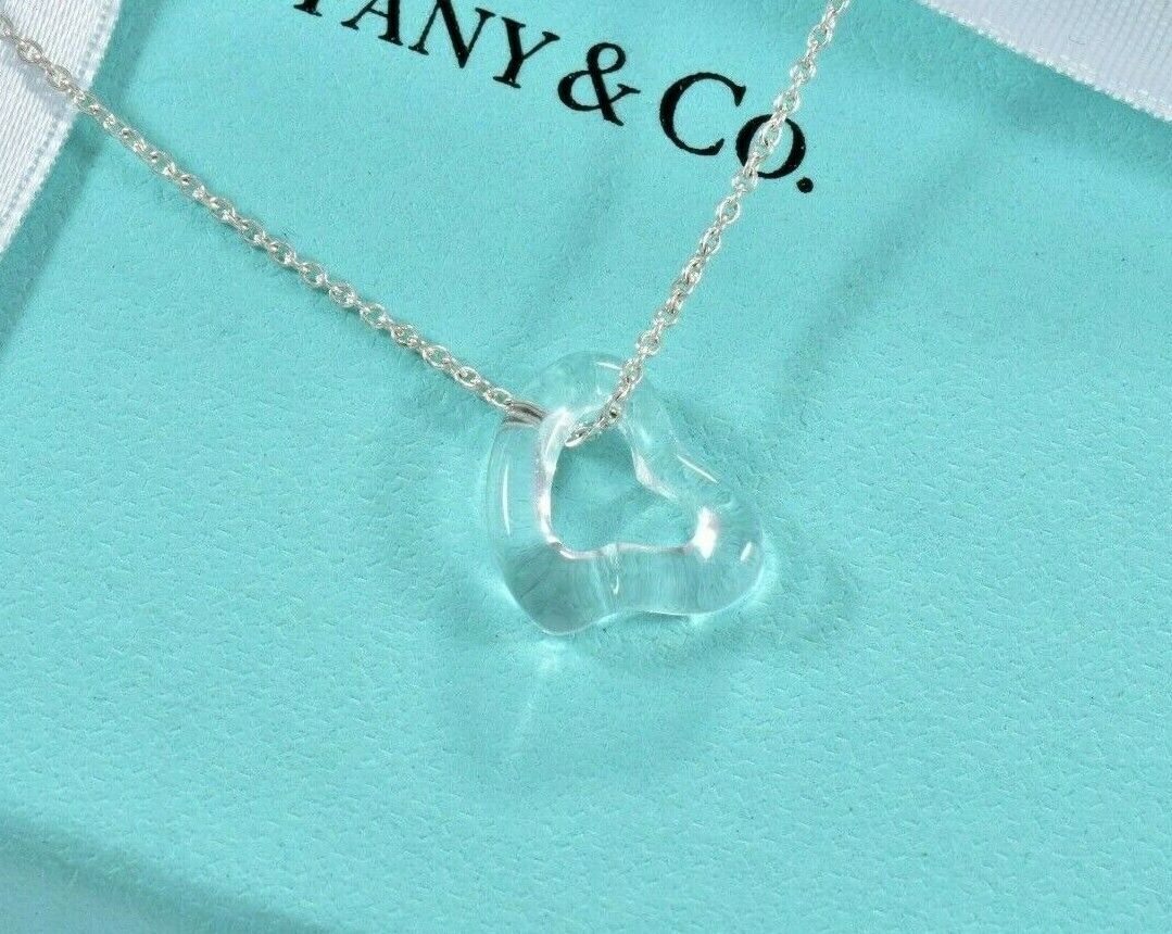 Tiffany & Co Silver Elsa Peretti Crystal Open Heart Pendant 16" Necklace & Pouch