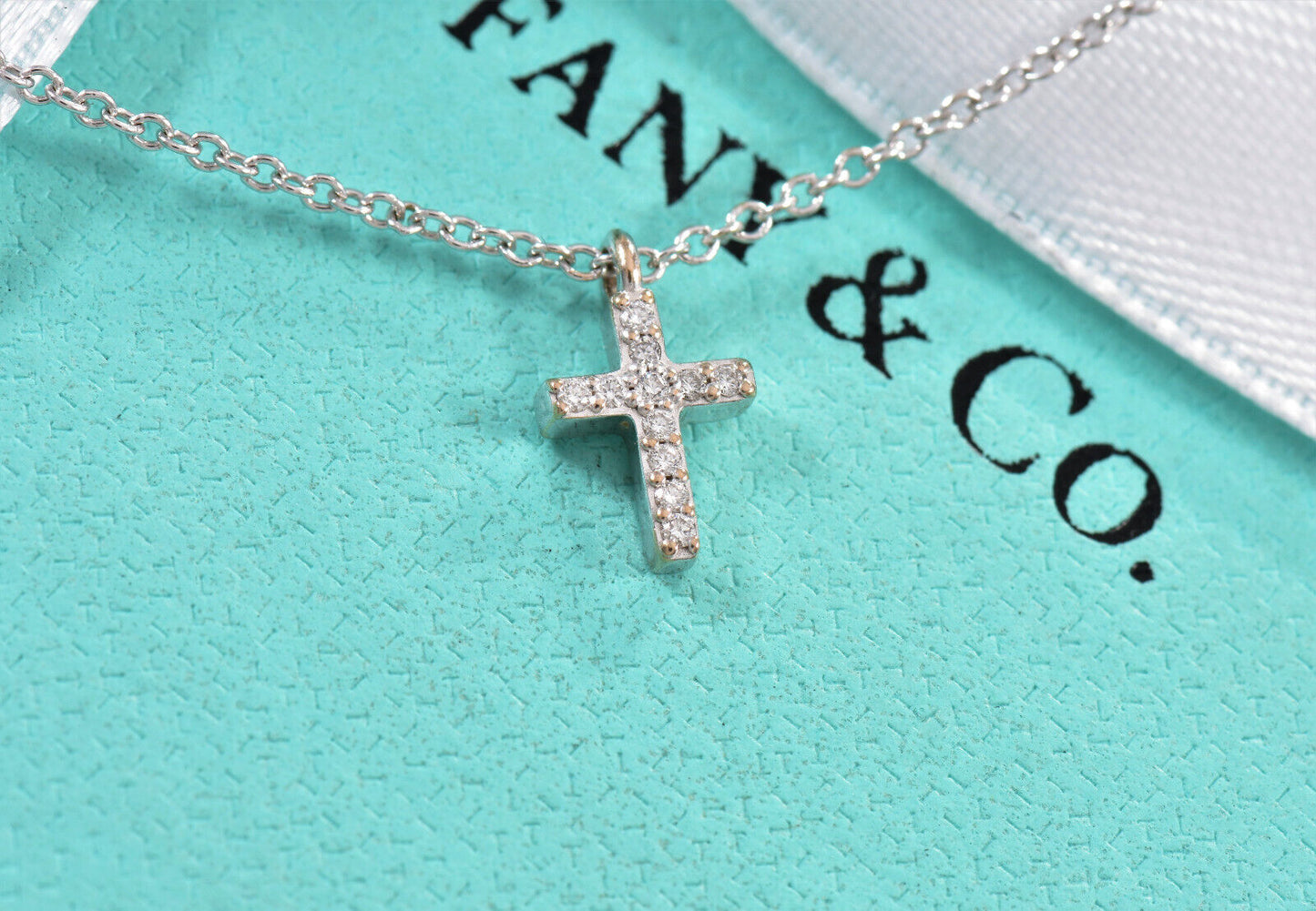 Tiffany & Co Diamond 18K White Gold Mini Metro Cross Pendant 17" Necklace Boxed