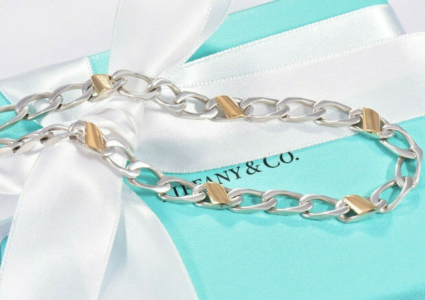 Tiffany & Co Sterling Silver 18K Gold Figaro Necklace 16.25" Cuban Link 22 Grams