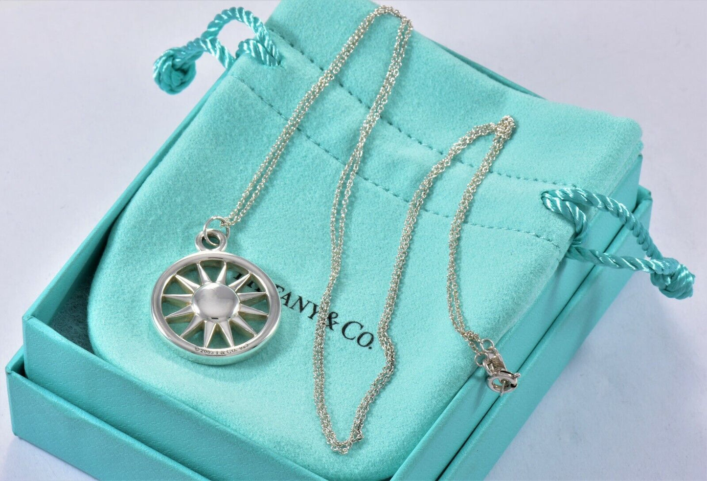 Tiffany & Co Sterling Silver Sun Pendant XL 25" Chain Necklace Rare Summer Art