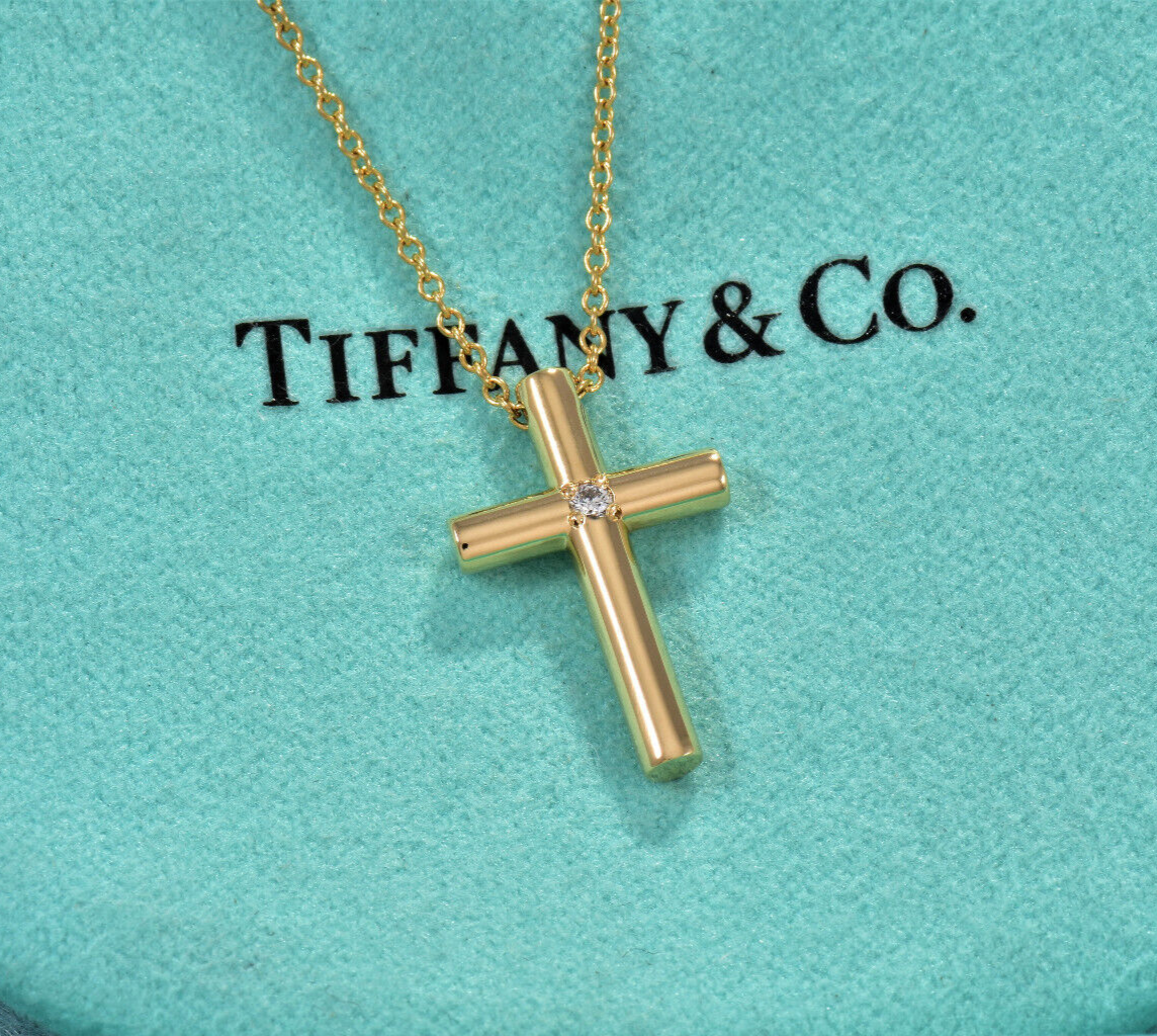 Tiffany & Co 18K Yellow Gold Diamond Cross Pendant 16" Necklace & Box Pouch Rare