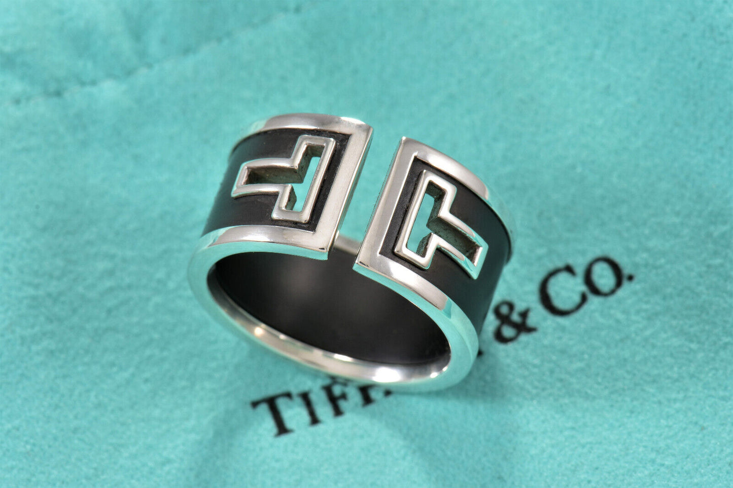 Tiffany & Co Silver Black Ceramic T Cut Out Square Wide Ring Size 6.5 in Pouch