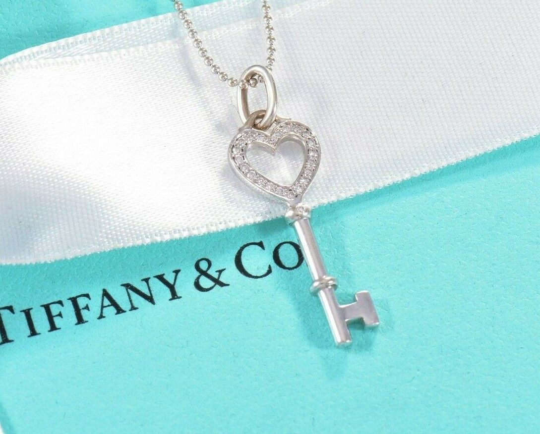 Tiffany & Co Diamond 18K White Gold Heart Key Pendant Bead Chain Necklace in Box