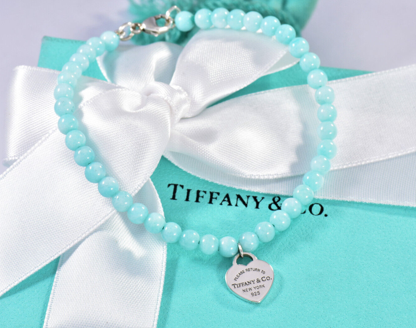 Please Return To Tiffany & Co Silver Heart Charm Amazonite Bead Bracelet 7.25"